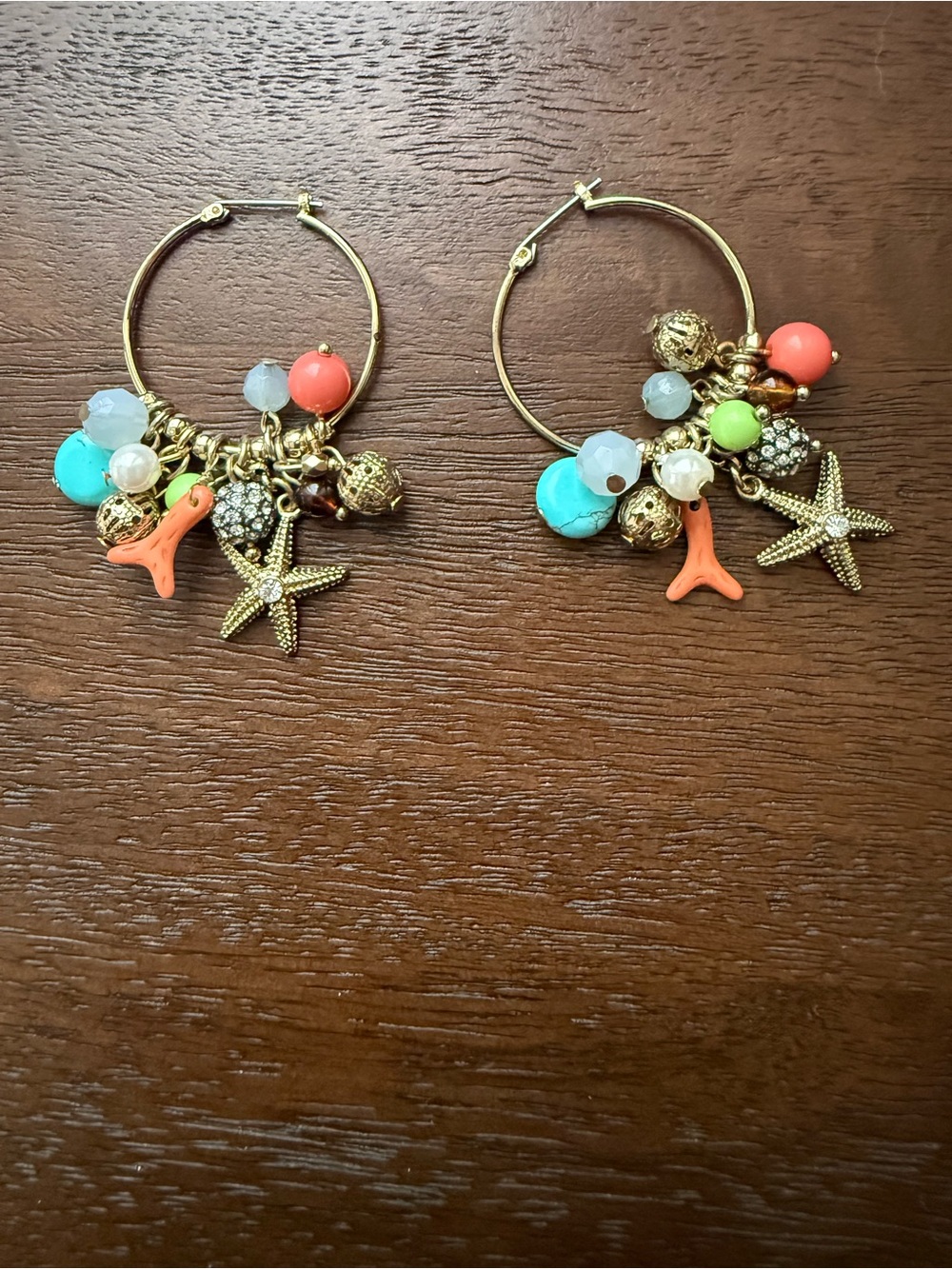 Gold Hoop Earrings with Starfish and Coral Charms - Picture 5 of 5